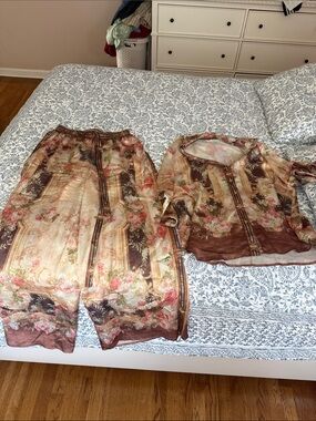 Floral Sheer Two-Piece Set - Brown Floral Pants & Top